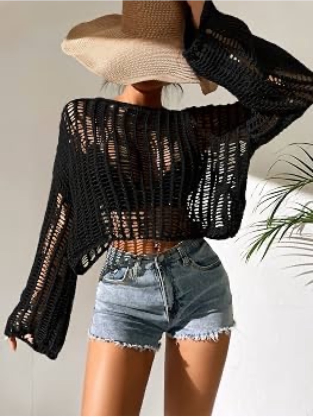 Black Oversized Cropped Crochet Knit Bell Sleeve Festival Beach Cover Up